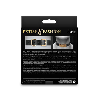 Packaging of Fetish & Fashion Sadie Collar in black with gold buckle and O-ring, featuring product details and usage instructions.