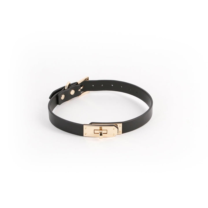 Black Sadie collar with gold-tone buckle and adjustable strap on white background