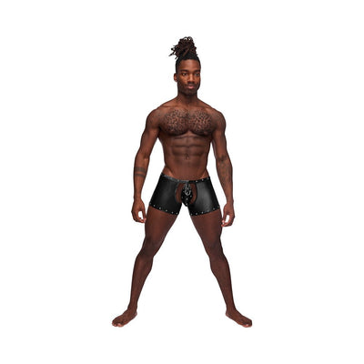 Male model wearing black nylon spandex tear-off cup thong shorts with studded detailing and a front ring.