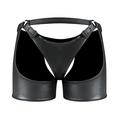Black nylon spandex tear-off cup thong short with open back and adjustable straps.
