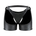 Black nylon spandex tear-off cup thong short with open back and adjustable straps.
