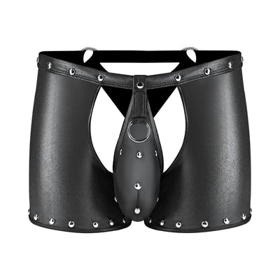 Black nylon spandex tear-off cup thong shorts with silver studs and rings, featuring a detachable front pouch.