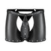 Black nylon spandex tear-off cup thong shorts with silver studs and rings, featuring a detachable front pouch.