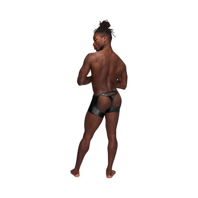 Rear view of a man wearing black nylon spandex tear-off cup thong shorts with open back design.