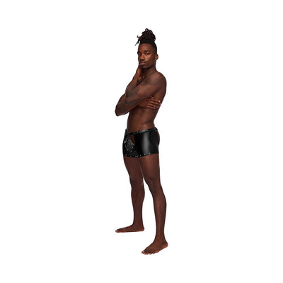 Male model wearing Fetish Poseidon black nylon spandex tear off cup thong shorts with stud and ring details.