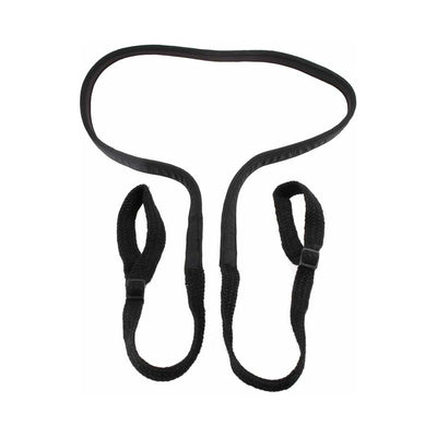 Black nylon Giddy Up Harness with padded neck and shoulder straps and adjustable loops for secure fit and control.