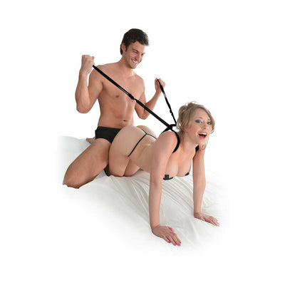 Couple using the Ff Giddy Up Harness with padded straps and handles for enhanced control and comfort during intimate moments.
