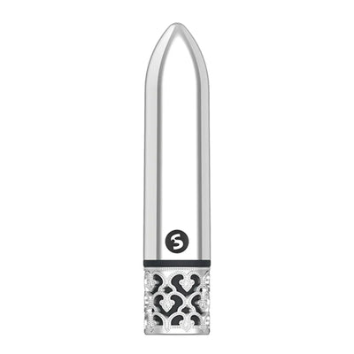 Sleek silver bullet vibrator with decorative filigree base and compact, elegant design.
