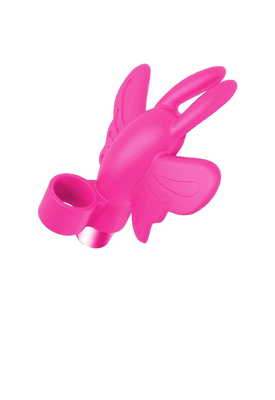 Pink silicone butterfly-shaped finger vibrator designed for targeted sensory stimulation and easy wear.