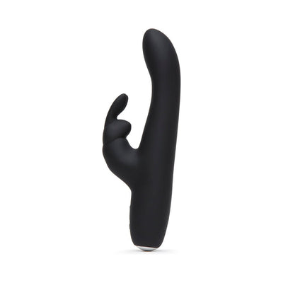 Black slimline rabbit vibrator with curved shaft and dual stimulation ears, made from smooth silicone.