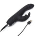 Black slimline rabbit vibrator with dual stimulation ears, shown with USB charging cable connected on white background.