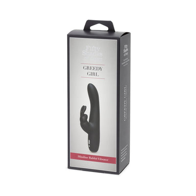 Packaging box of Fifty Shades of Grey Greedy Girl Slimline Rabbit Vibrator in black with product image and branding.
