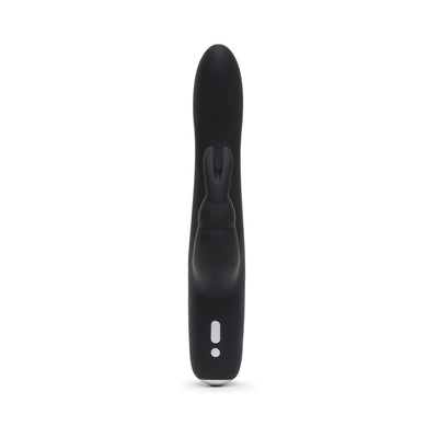Black slimline rabbit vibrator with dual stimulation design and control buttons on the base against a white background.