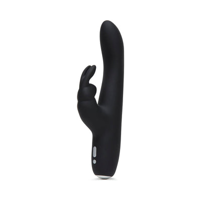 Black slimline rabbit vibrator with curved shaft and dual stimulation ears, featuring control buttons on the base.