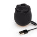 Black rose-shaped vibrator with USB charging cable on white background