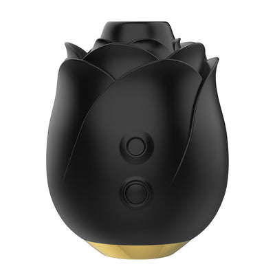 Black rose-shaped clitoral suction stimulator with two control buttons and gold-tone base.