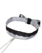 Grey satin collar with black lace trim and attached silver adjustable nipple clamps with chains on white background.