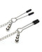 Adjustable silver nipple clamps with silicone tips and decorative bead chains on a white background.