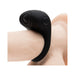 Black rechargeable vibrating love ring with textured silicone pad and power button detail on a skin-toned model.