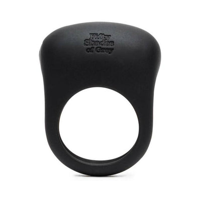 Black silicone vibrating love ring with textured pad and Fifty Shades of Grey logo embossed on top