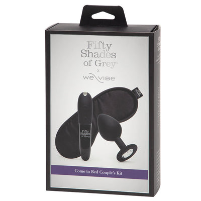 Fifty Shades of Grey We-Vibe Come to Bed Kit in black featuring a blindfold, vibrating bullet, and jeweled silicone butt plug.