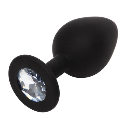 Black silicone butt plug with a smooth tapered shape and a sparkling crystal base detail.