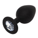Black silicone butt plug with a smooth tapered shape and a sparkling crystal base detail.