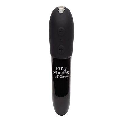 Black Fifty Shades of Grey branded compact vibrator with control buttons on a white background