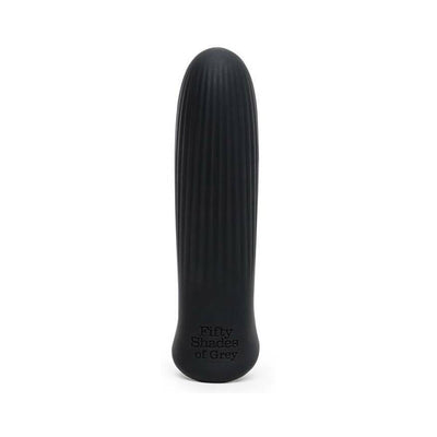 Black ribbed bullet vibrator with rounded tip and Fifty Shades of Grey logo on base, sleek silicone finish.