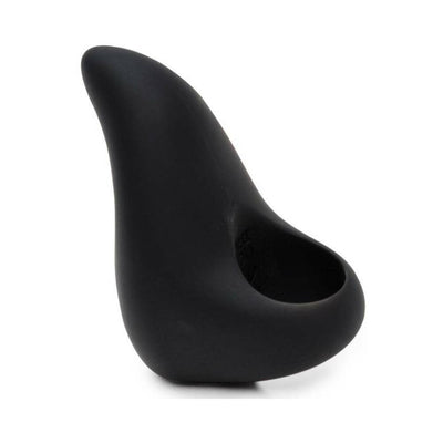 Black silicone finger vibrator with a curved, rounded tip designed for precise stimulation.