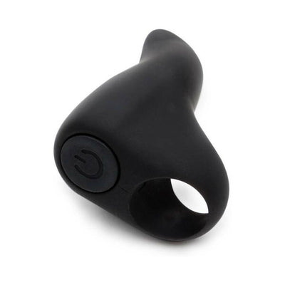 Compact black silicone finger vibrator with curved tip and power button, designed for targeted stimulation and easy wear.