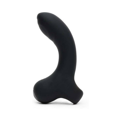 Black curved silicone G-spot vibrator with ergonomic handle and smooth textured surface.