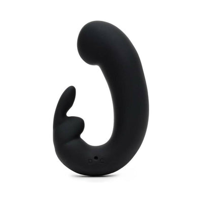 Black silicone G-spot rabbit vibrator with curved shaft and dual stimulation design on white background.