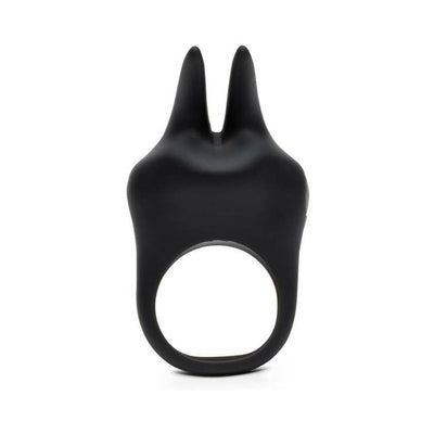 Black silicone vibrating love ring with dual flexible ears for targeted stimulation and a circular opening.