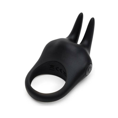 Black silicone vibrating love ring with dual flexible ears and power button on the side for shared intimate pleasure.
