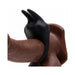 Black silicone vibrating rabbit ear love ring displayed on a brown model for size and fit demonstration.