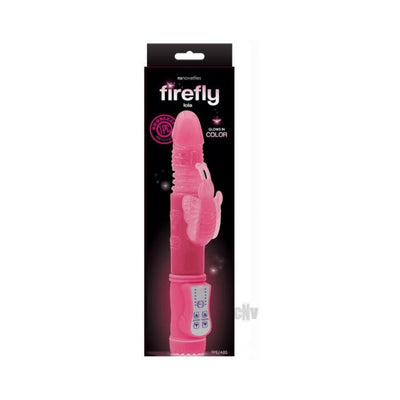Pink Firefly Lola thrusting rabbit vibrator with textured shaft and butterfly-shaped clitoral stimulator in black packaging.