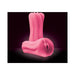 Pink silicone Firefly Yoni Glow in the Dark stroker shown upright and lying down on a dark background.