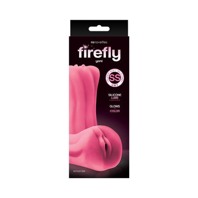 Packaging of Firefly Yoni Glow in the Dark Silicone Stroker in pink with silicone lube compatibility and glow-in-color features.