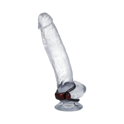 Clear silicone penis model wearing a brown and black Firmtech Performing C-ring at the base.