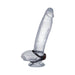 Clear silicone model of a penis wearing a black Firmtech Performing C-ring at the base.