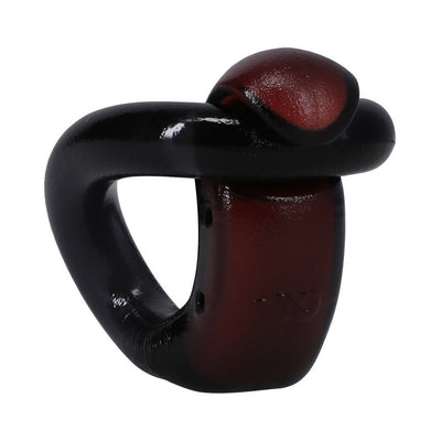 Black and dark red Firmtech Performing C-ring made of stretchy elastomer with an asymmetrical latch-and-loop design.