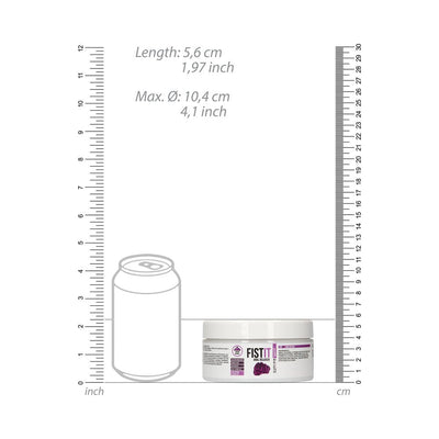 Compact 10 oz jar of Fist It Anal Relaxer with size comparison to a soda can and measurement scales in inches and centimeters.