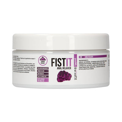 White jar of Fist It Anal Relaxer with purple and black label, featuring product details and condom-friendly icon.