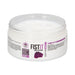 Open jar of Fist It Anal Relaxer water-based lubricant with clear white gel inside and purple label.