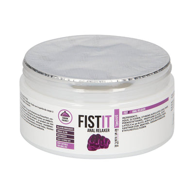 Fist It Anal Relaxer 10 oz jar with foil seal, water-based formula, condom friendly, and relaxing ingredients label.