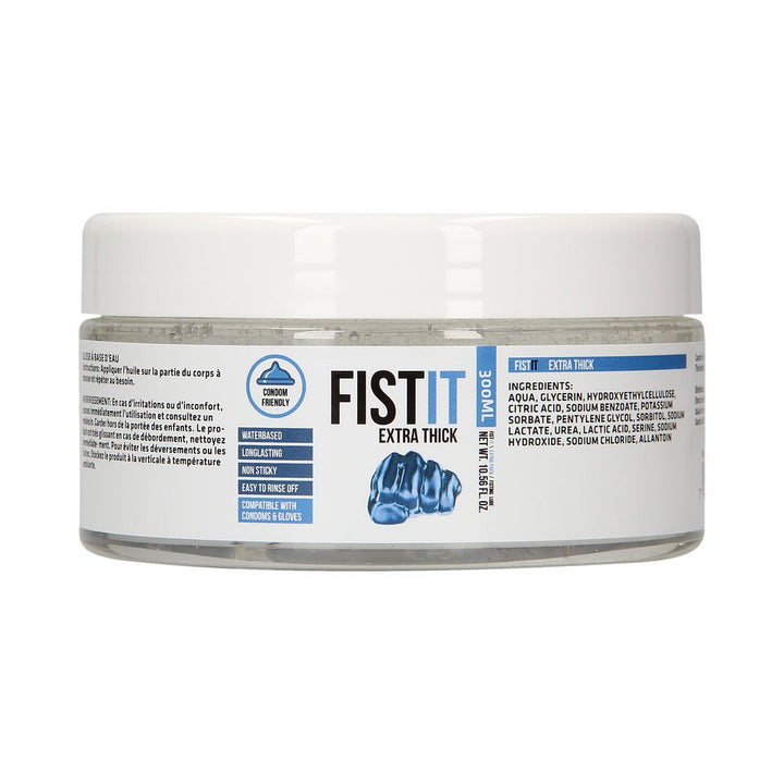 Fist It Extra Thick water-based lubricant in a clear 300ml jar with white lid and blue label details.