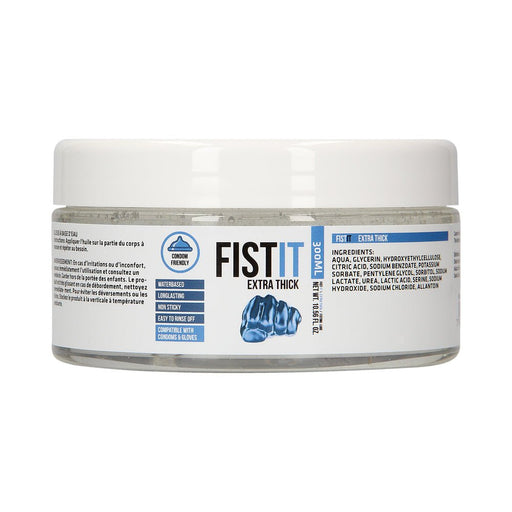 Fist It Extra Thick water-based lubricant in a clear 300ml jar with white lid and blue label details.