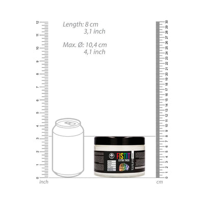 Fist It Extra Thick Rainbow lubricant jar next to size guide and soda can outline for scale comparison