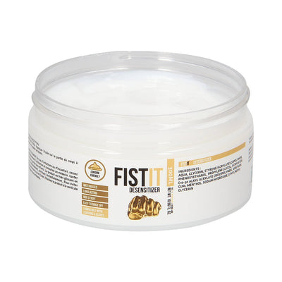Open jar of Fist It Numbing Water-Based Lubricant with white gel and gold-accented label on white background.